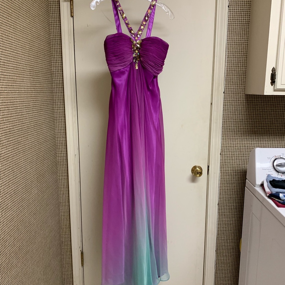 Purple and turquoise floor length formal dress